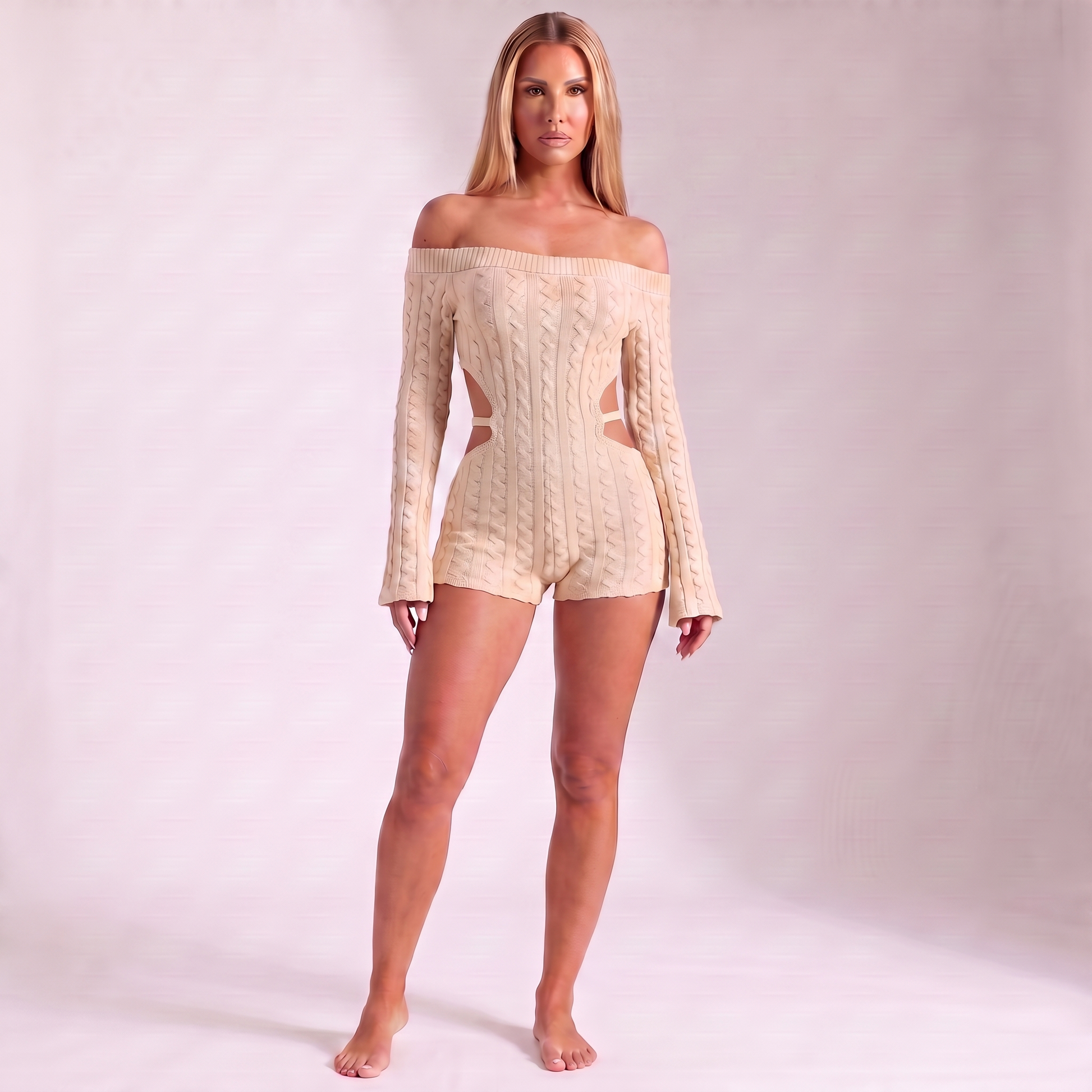 Maeve cable-knit playsuit Khaki - small side notches with straps