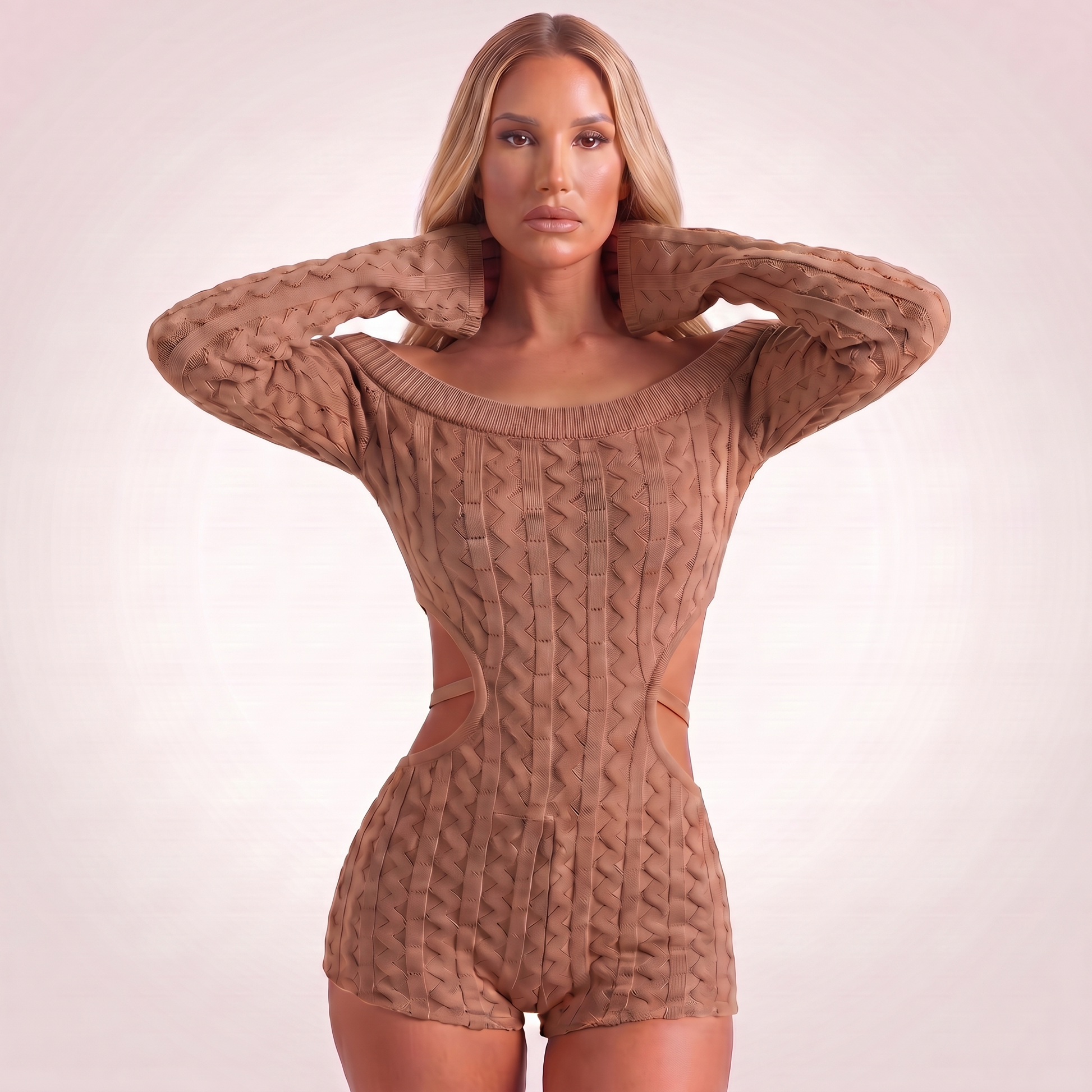 Maeve cable-knit playsuit Brown - bodice detail, full front panel
