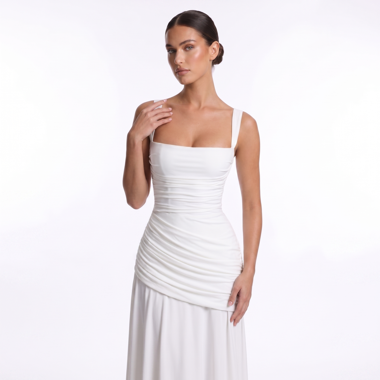 Maeve Women's Occasion Dress – Chiffon Ruched Lace-Up Square-Neck Maxi Gown