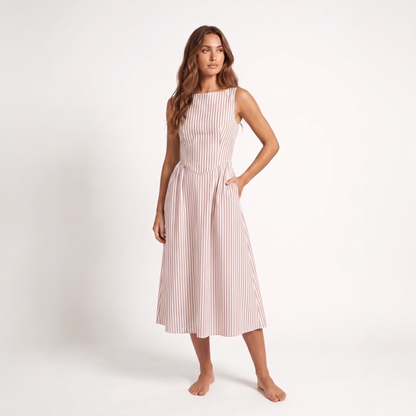 Maeve Women's Midi Dress – Striped Square-Neck Sleeveless A-Line with Pockets