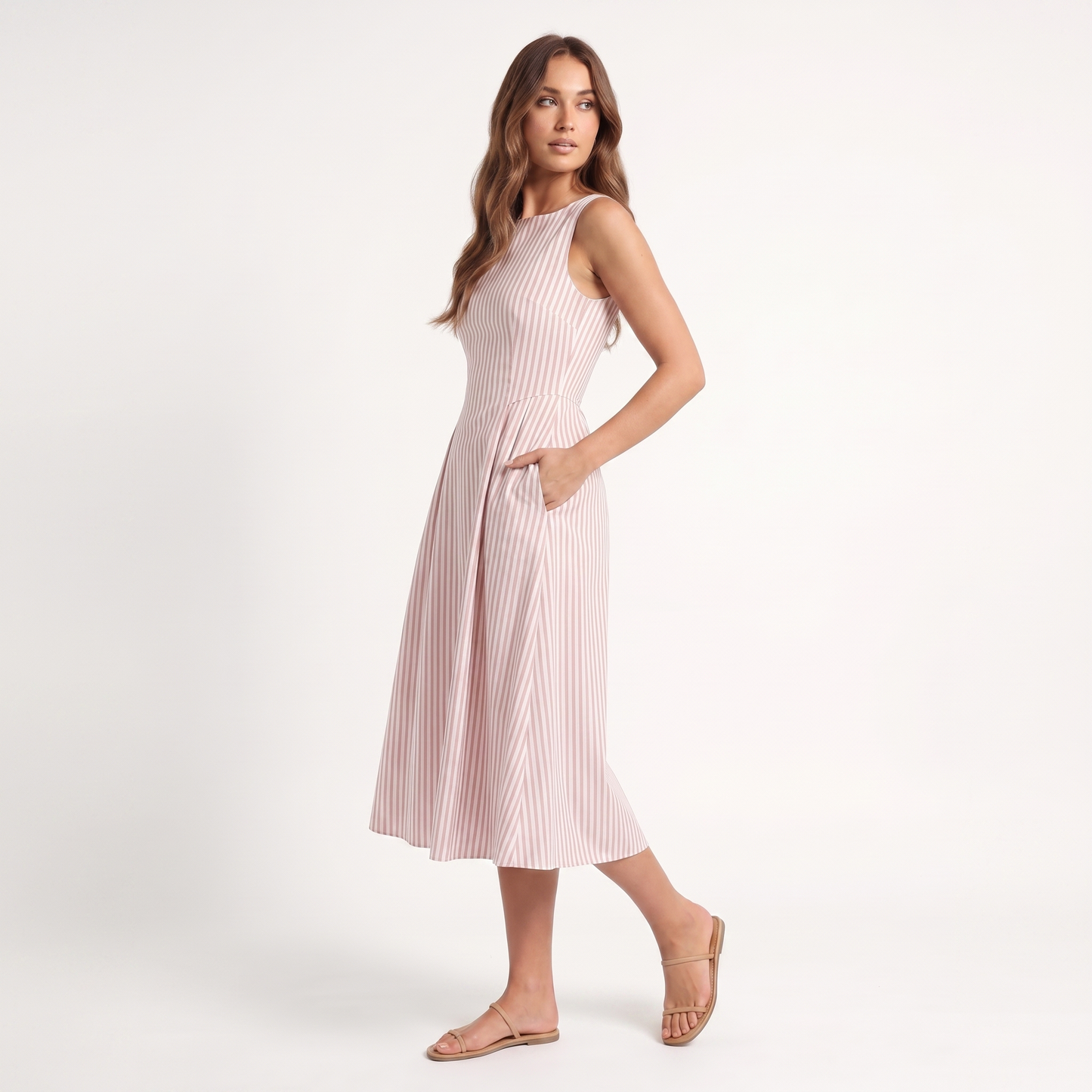 Maeve Women's Midi Dress – Striped Square-Neck Sleeveless A-Line with Pockets