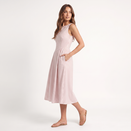 Maeve Women's Midi Dress – Striped Square-Neck Sleeveless A-Line with Pockets