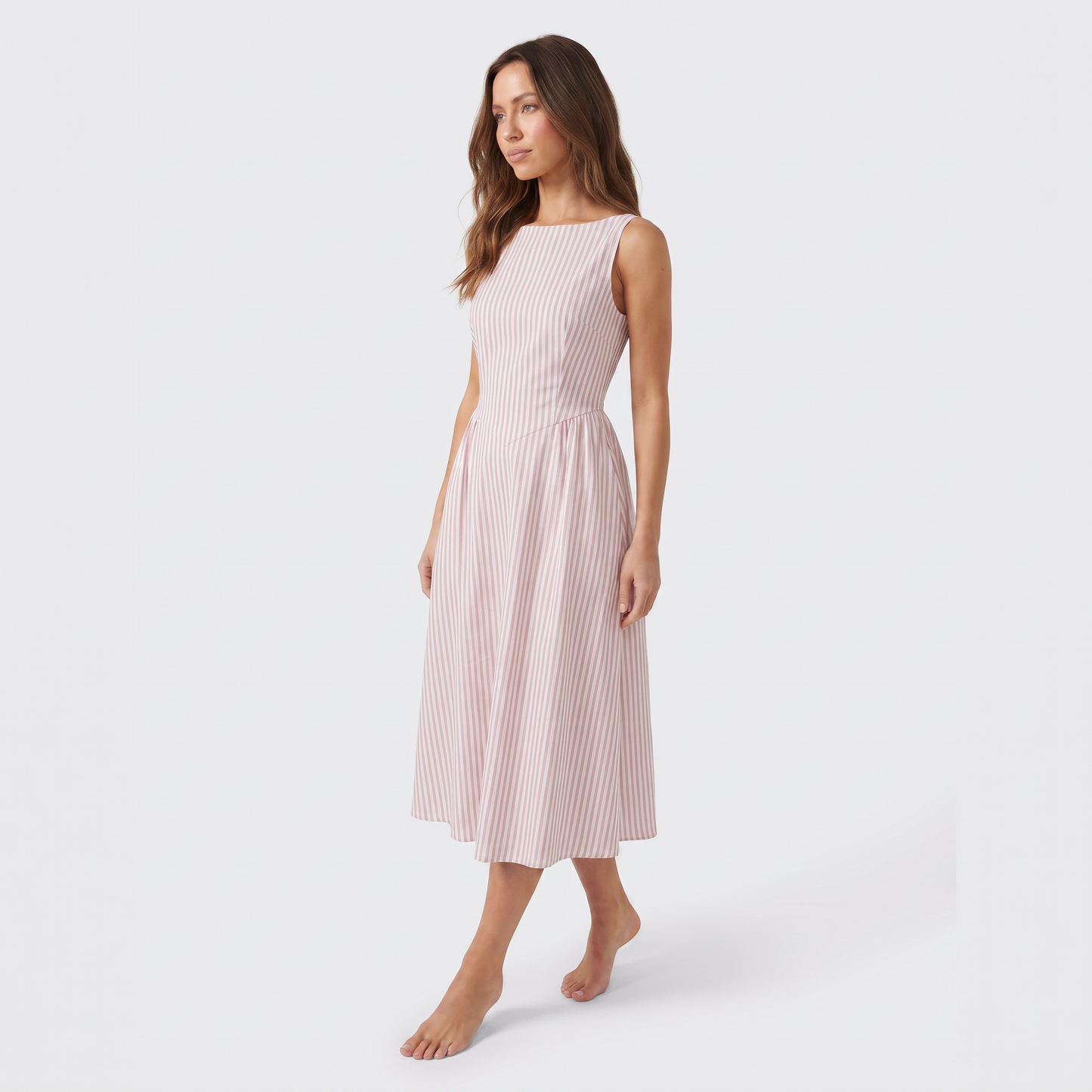 Maeve Women's Midi Dress – Striped Square-Neck Sleeveless A-Line with Pockets