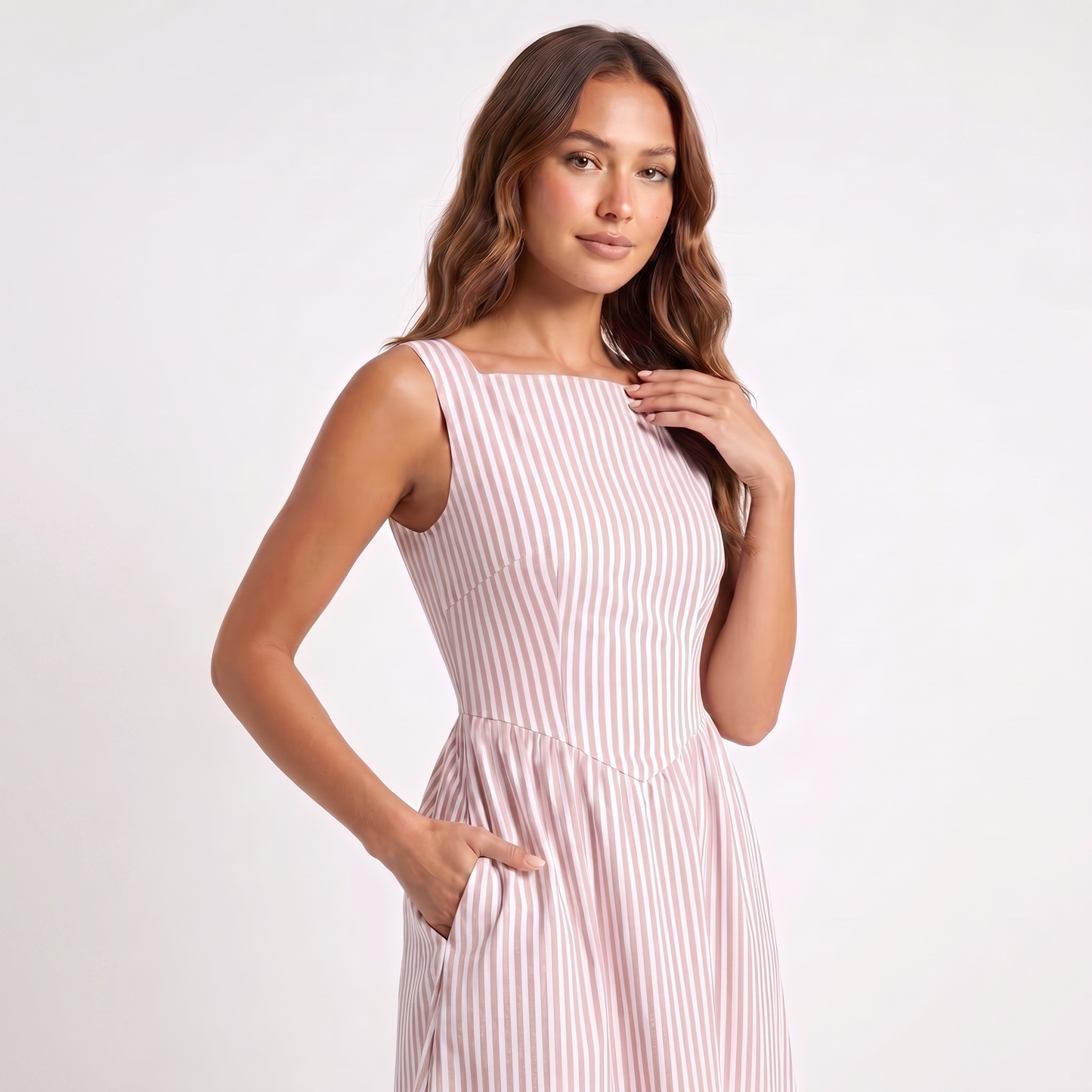 Maeve Women's Midi Dress – Striped Square-Neck Sleeveless A-Line with Pockets