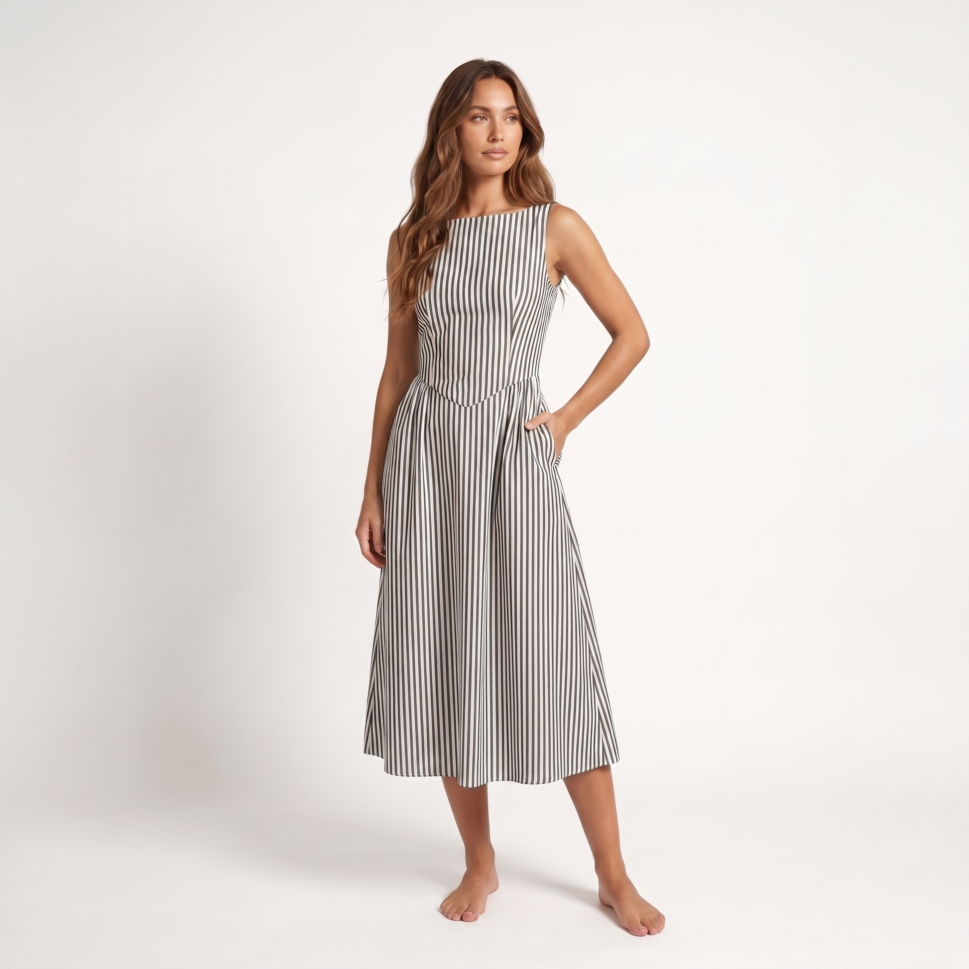 Maeve Women's Midi Dress – Striped Square-Neck Sleeveless A-Line with Pockets