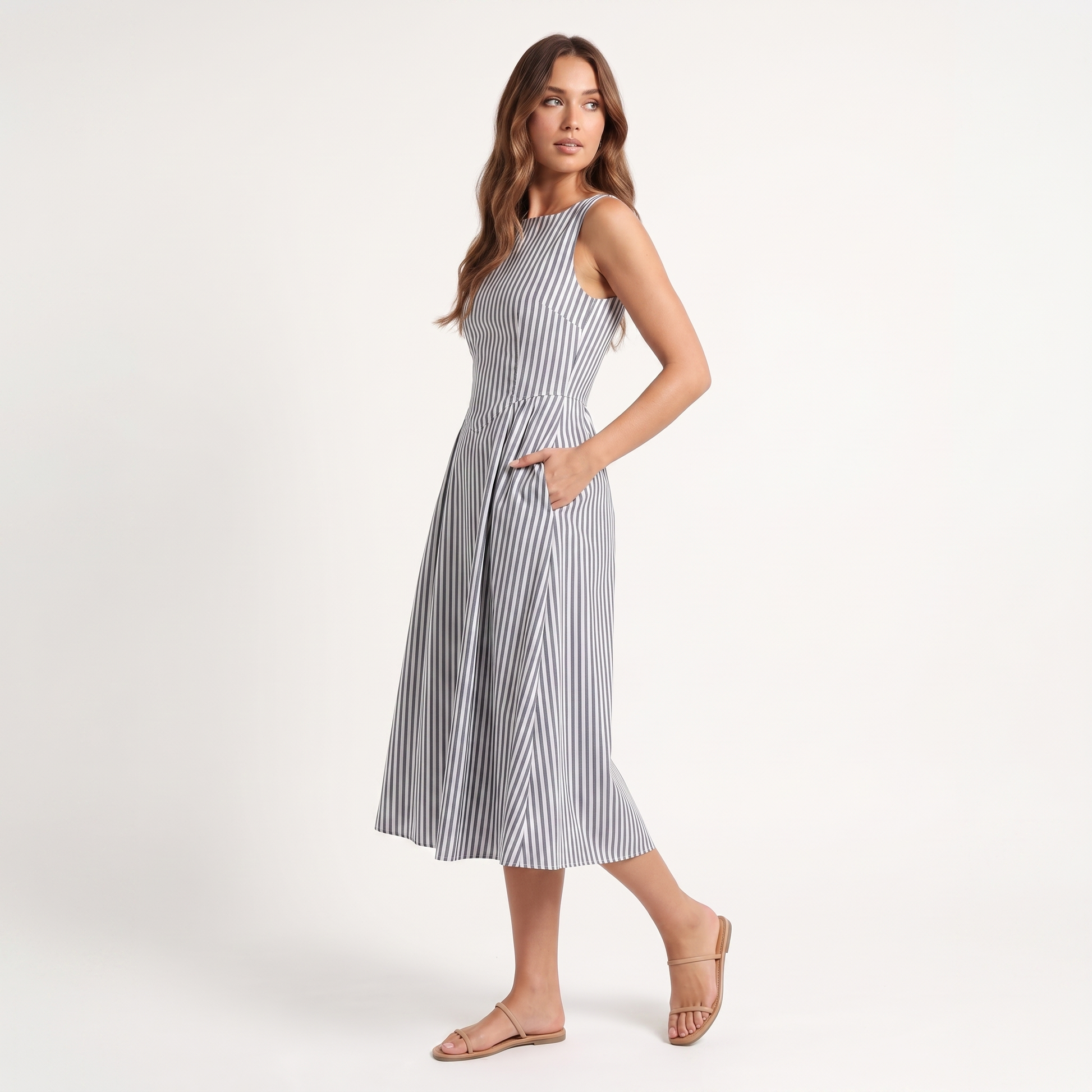 Maeve Women's Midi Dress – Striped Square-Neck Sleeveless A-Line with Pockets