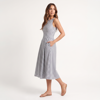 Maeve Women's Midi Dress – Striped Square-Neck Sleeveless A-Line with Pockets