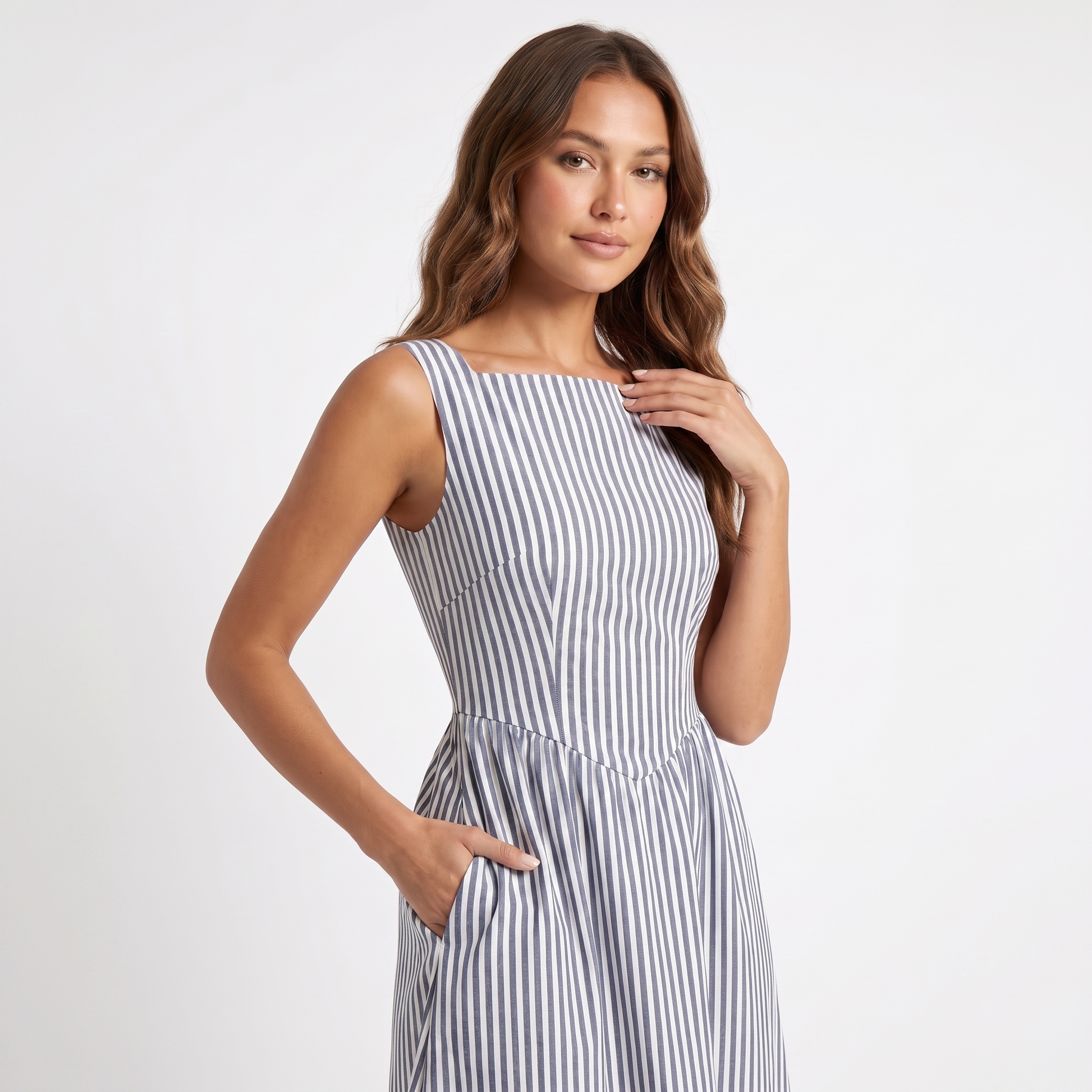 Maeve Women's Midi Dress – Striped Square-Neck Sleeveless A-Line with Pockets