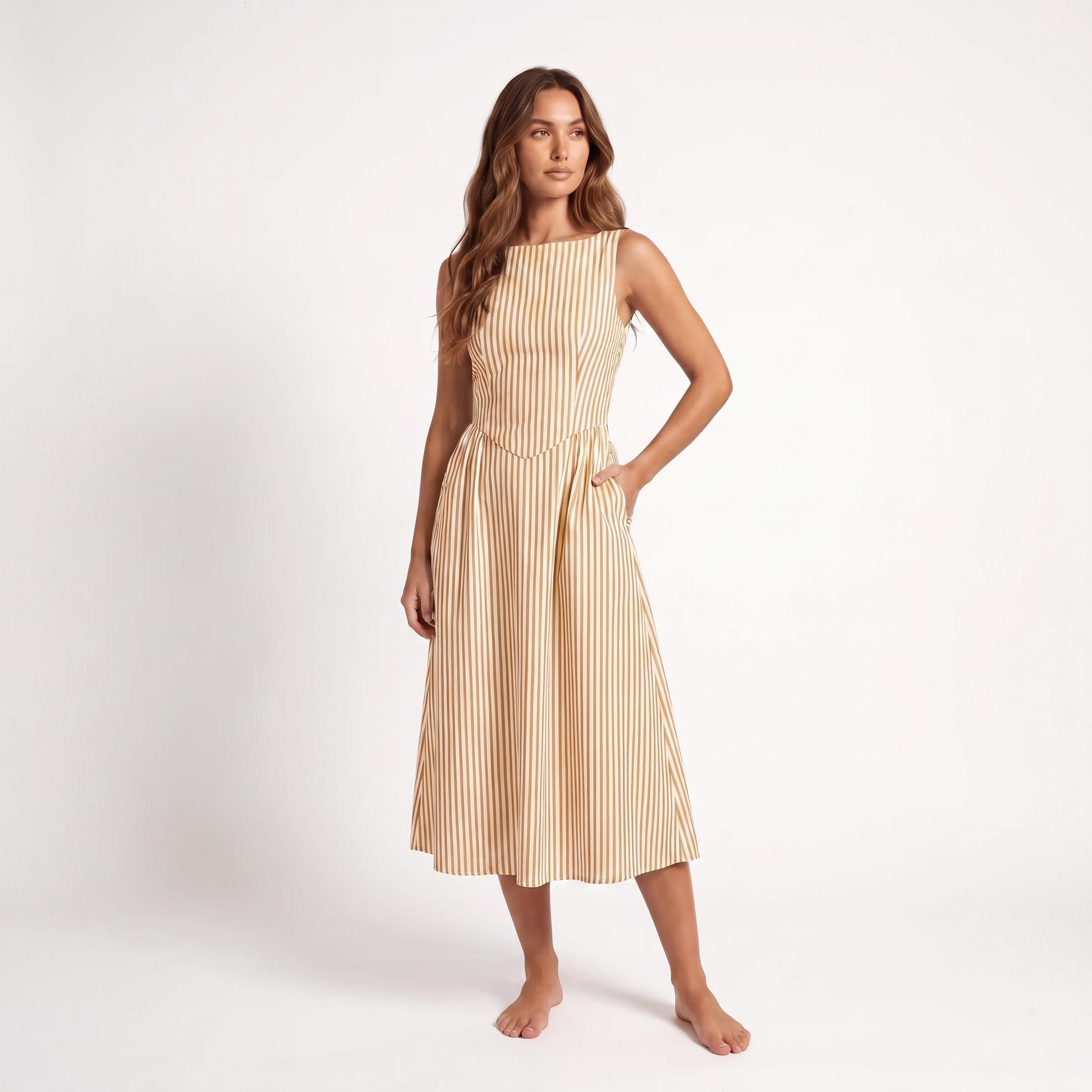 Maeve Women's Midi Dress – Striped Square-Neck Sleeveless A-Line with Pockets