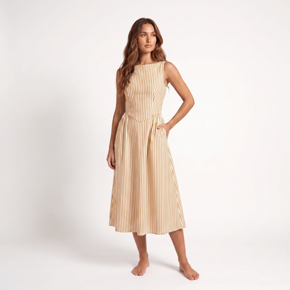 Maeve Women's Midi Dress – Striped Square-Neck Sleeveless A-Line with Pockets