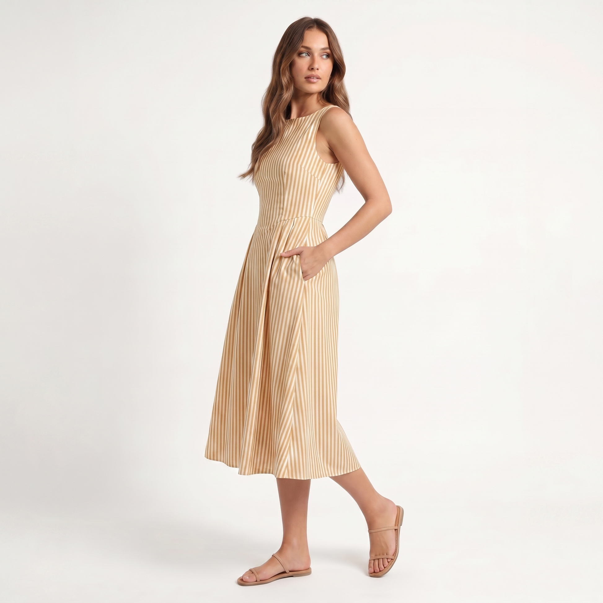 Maeve Women's Midi Dress – Striped Square-Neck Sleeveless A-Line with Pockets