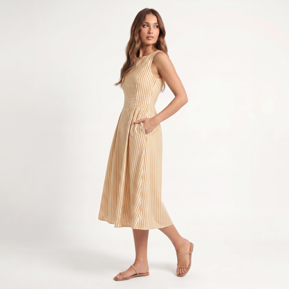 Maeve Women's Midi Dress – Striped Square-Neck Sleeveless A-Line with Pockets