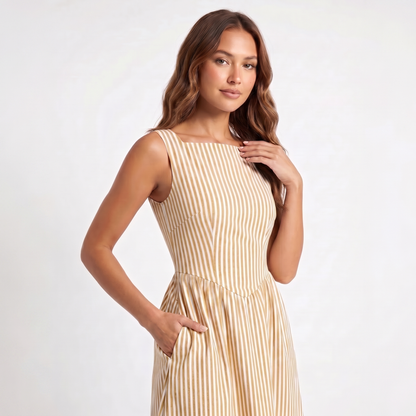Maeve Women's Midi Dress – Striped Square-Neck Sleeveless A-Line with Pockets