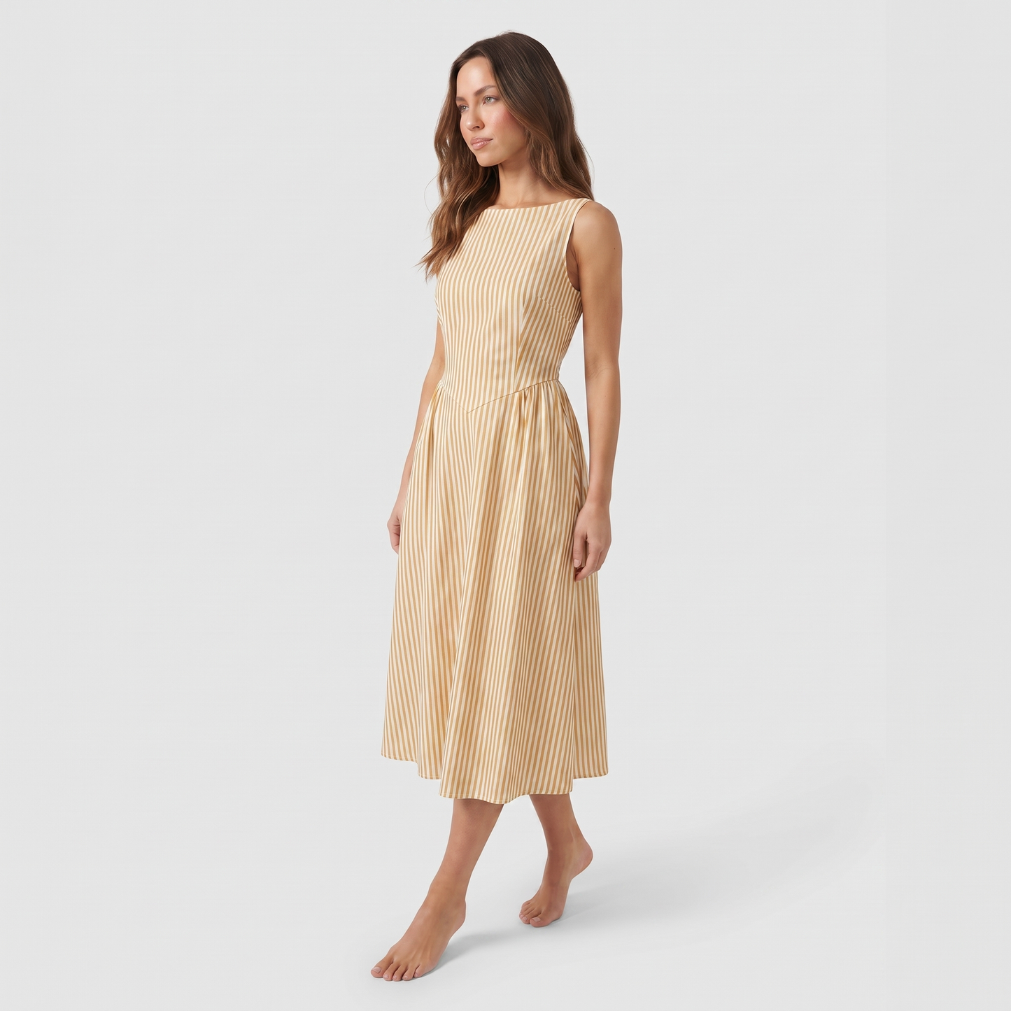 Maeve Women's Midi Dress – Striped Square-Neck Sleeveless A-Line with Pockets