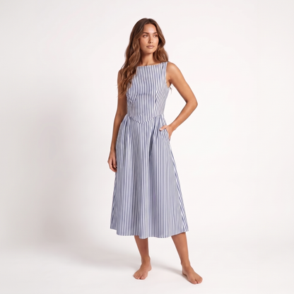 Maeve Women's Midi Dress – Striped Square-Neck Sleeveless A-Line with Pockets