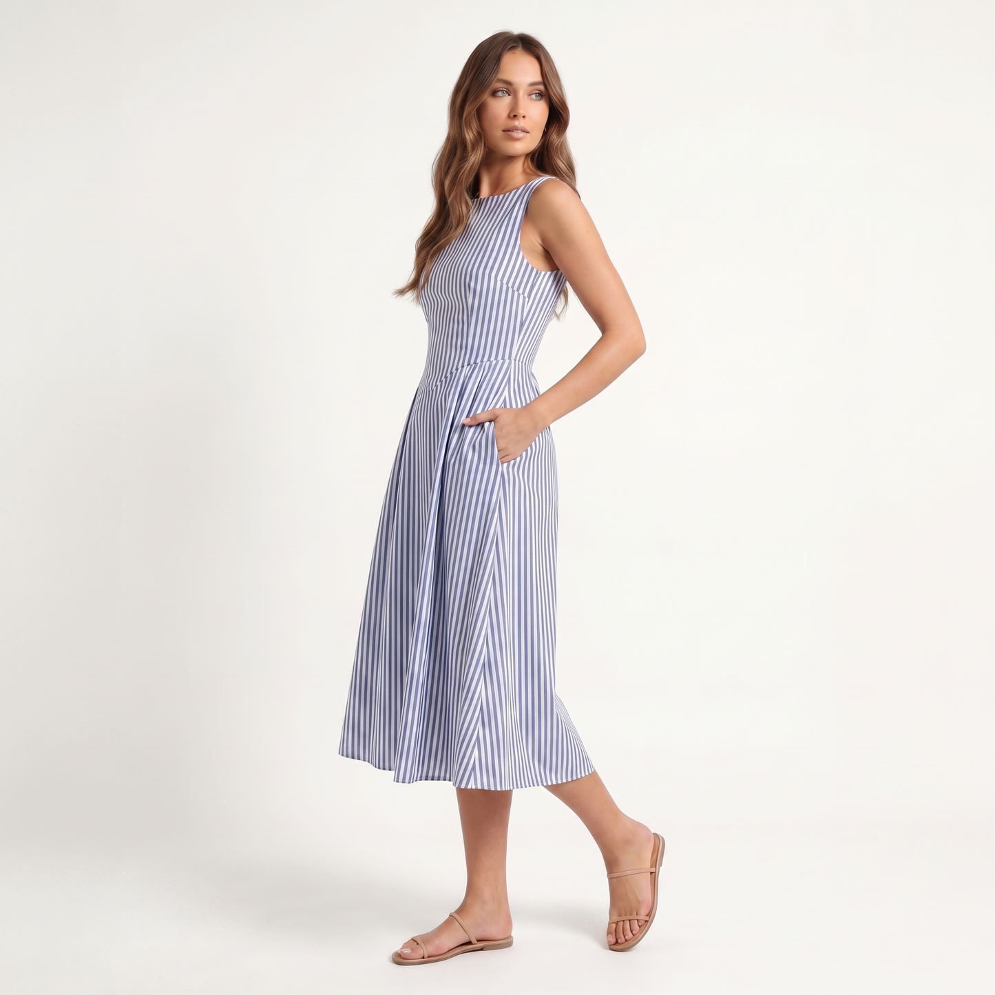 Maeve Women's Midi Dress – Striped Square-Neck Sleeveless A-Line with Pockets
