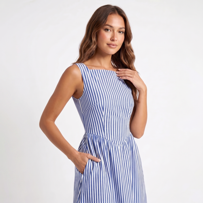 Maeve Women's Midi Dress – Striped Square-Neck Sleeveless A-Line with Pockets