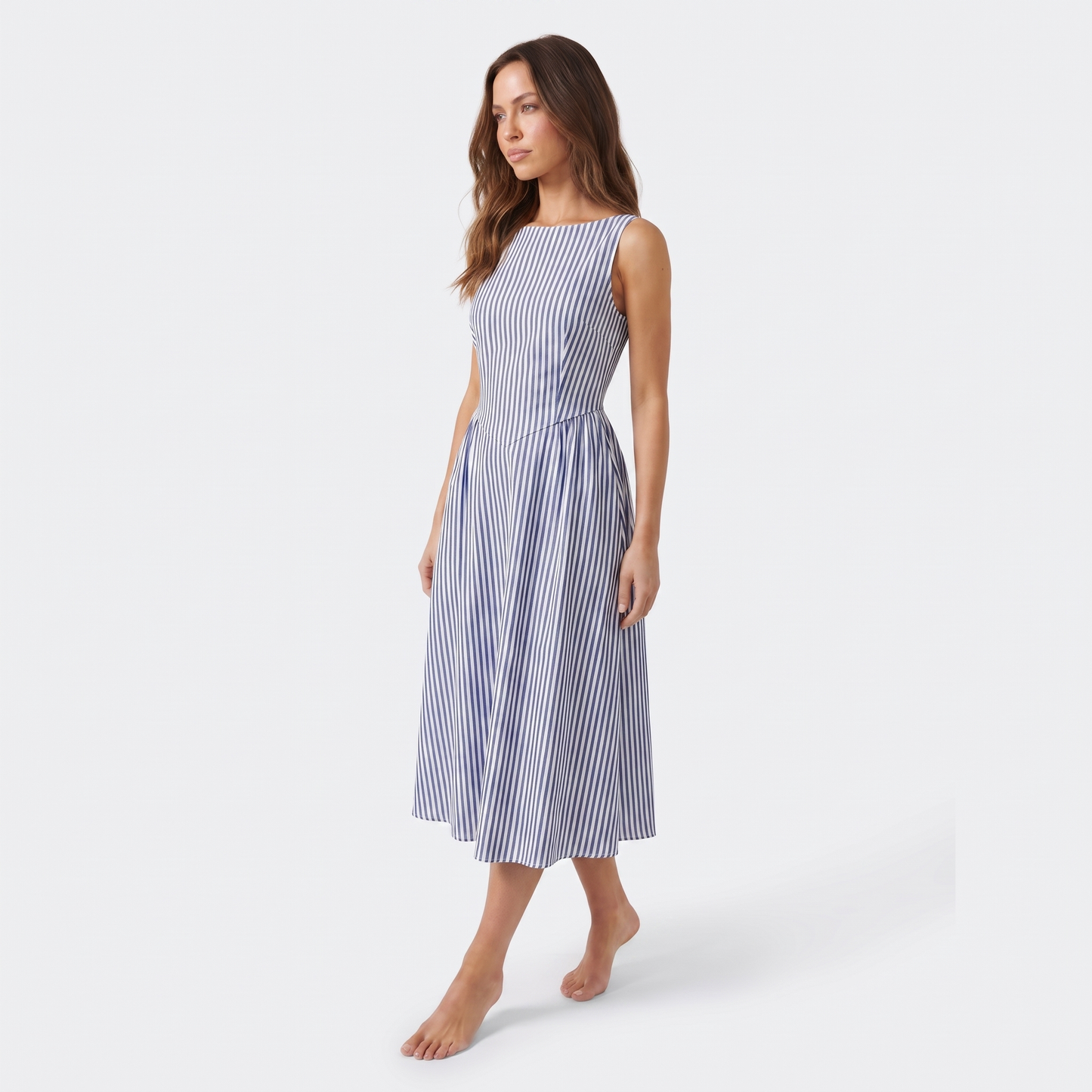 Maeve Women's Midi Dress – Striped Square-Neck Sleeveless A-Line with Pockets