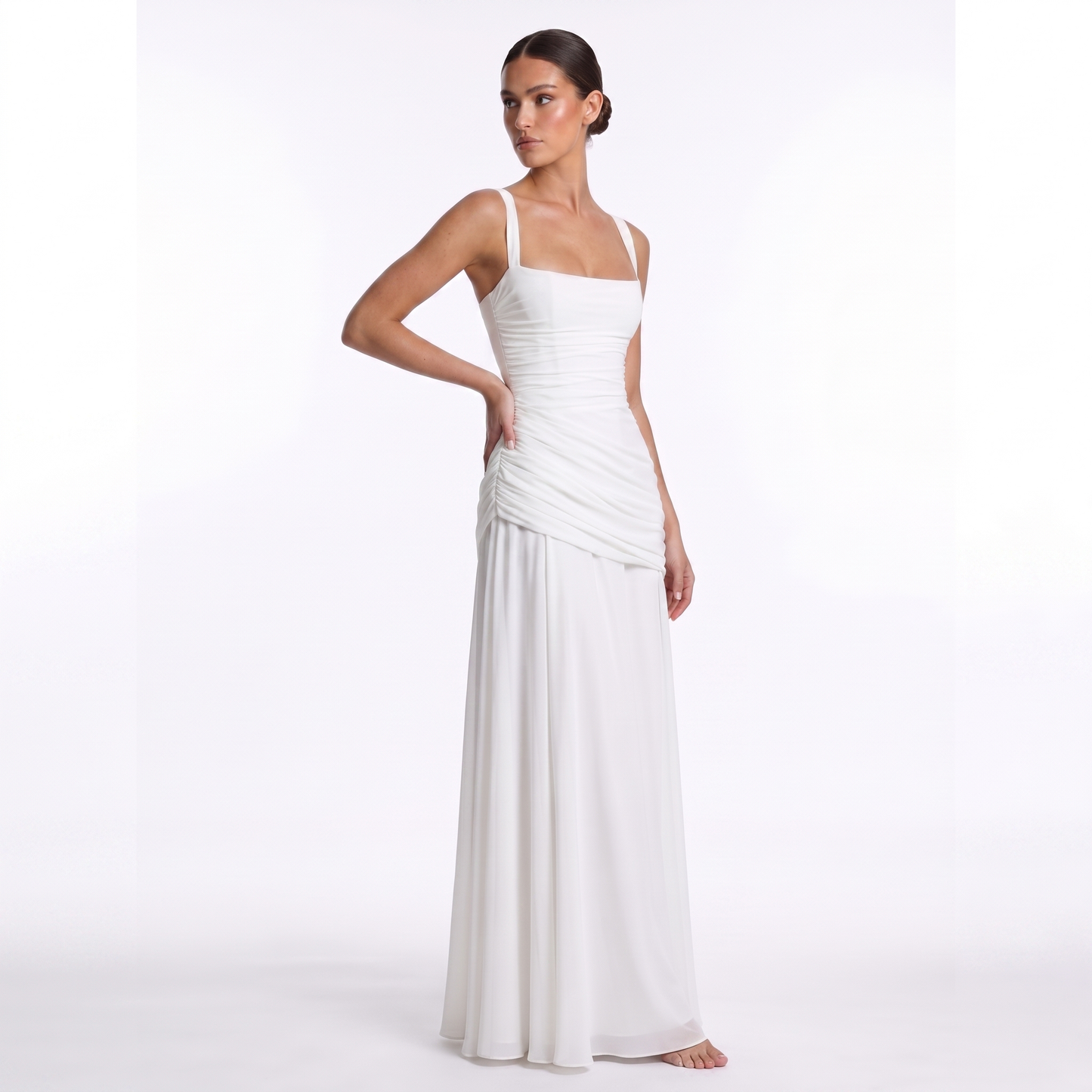 Maeve Women's Occasion Dress – Chiffon Ruched Lace-Up Square-Neck Maxi Gown