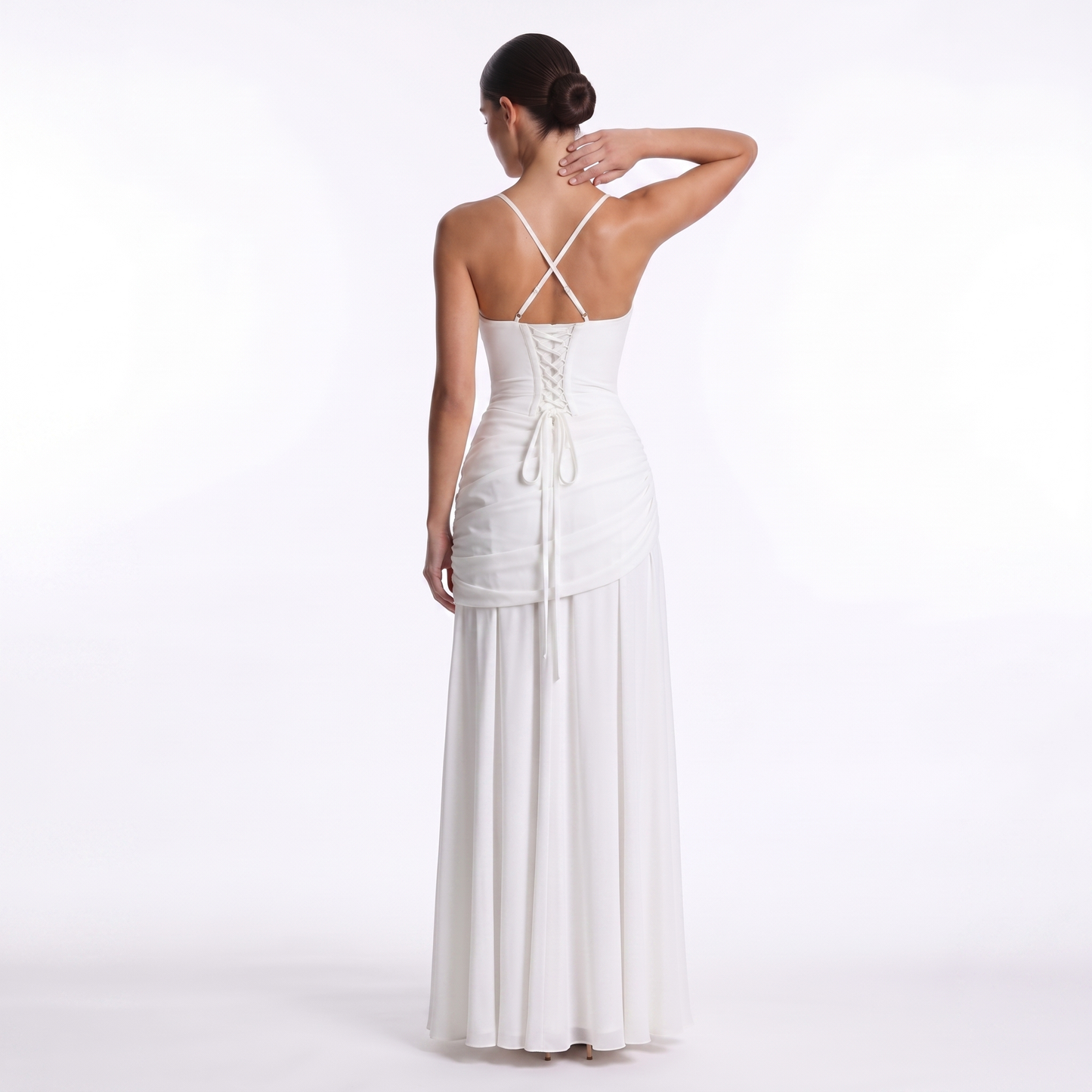 Maeve Women's Occasion Dress – Chiffon Ruched Lace-Up Square-Neck Maxi Gown