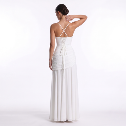 Maeve Women's Occasion Dress – Chiffon Ruched Lace-Up Square-Neck Maxi Gown