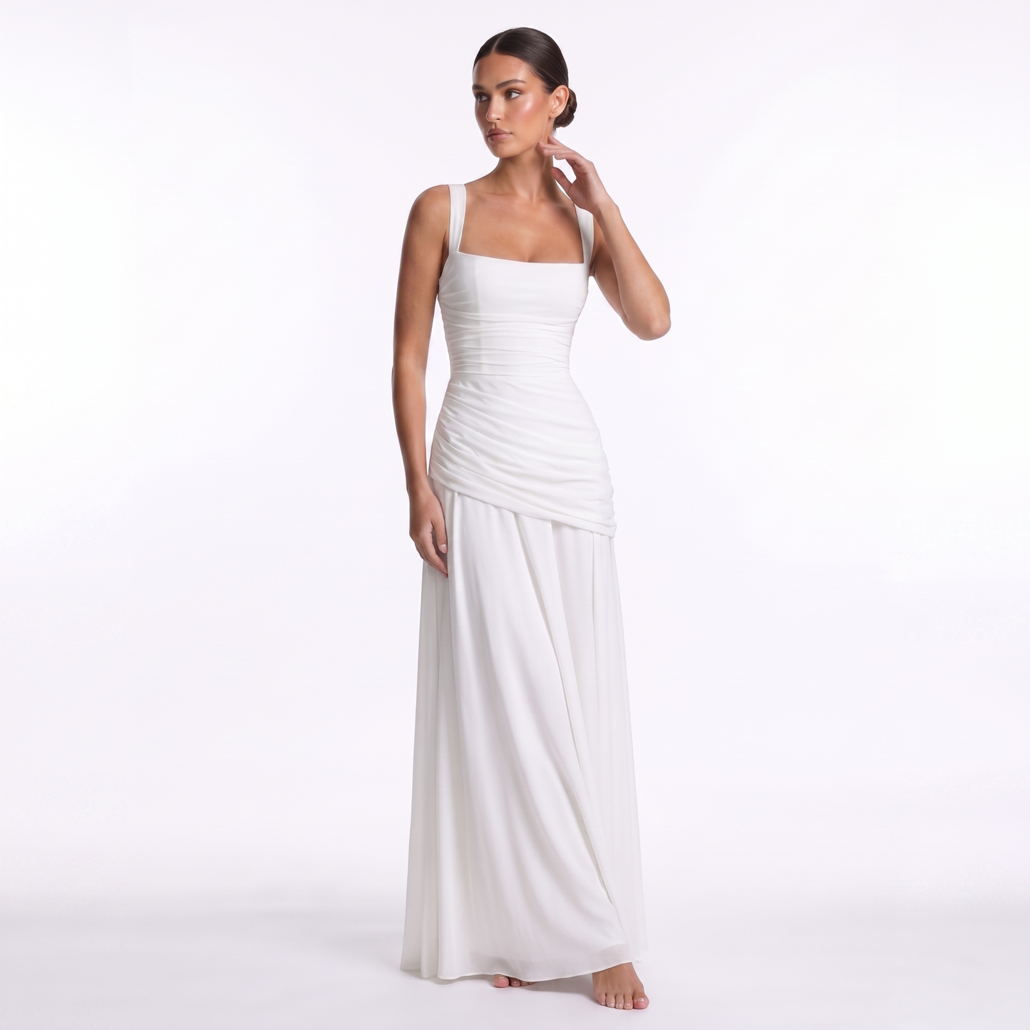 Maeve Women's Occasion Dress – Chiffon Ruched Lace-Up Square-Neck Maxi Gown
