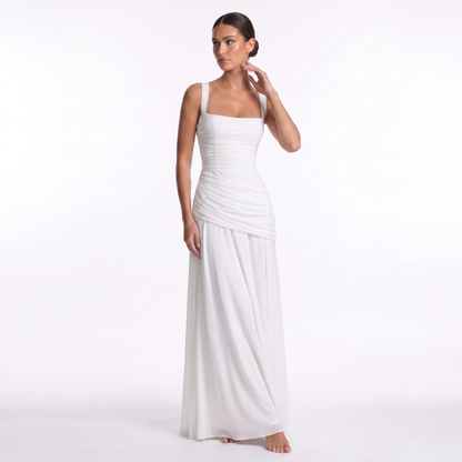 Maeve Women's Occasion Dress – Chiffon Ruched Lace-Up Square-Neck Maxi Gown