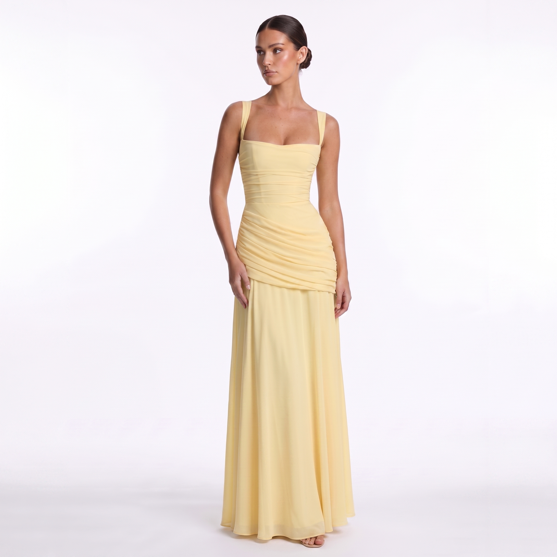 Maeve Women's Occasion Dress – Chiffon Ruched Lace-Up Square-Neck Maxi Gown