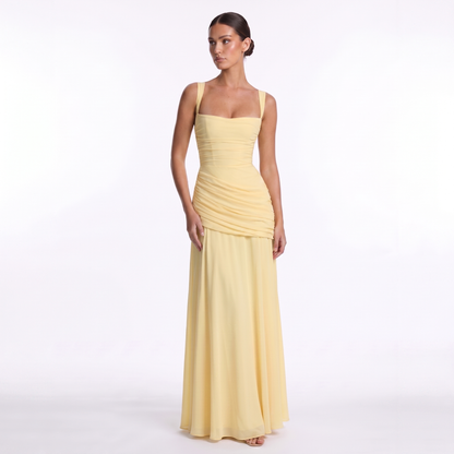 Maeve Women's Occasion Dress – Chiffon Ruched Lace-Up Square-Neck Maxi Gown