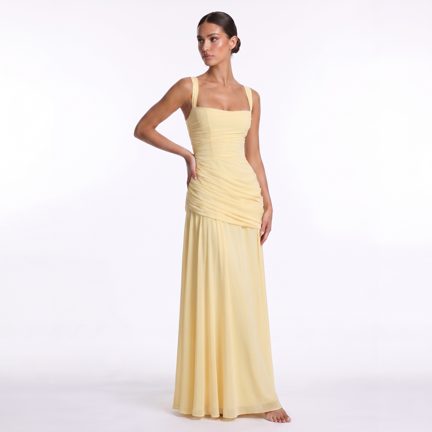 Maeve Women's Occasion Dress – Chiffon Ruched Lace-Up Square-Neck Maxi Gown