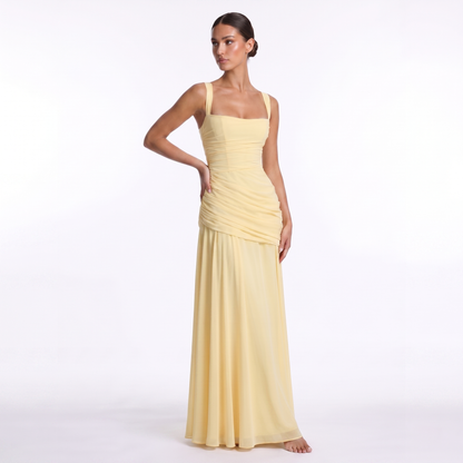 Maeve Women's Occasion Dress – Chiffon Ruched Lace-Up Square-Neck Maxi Gown