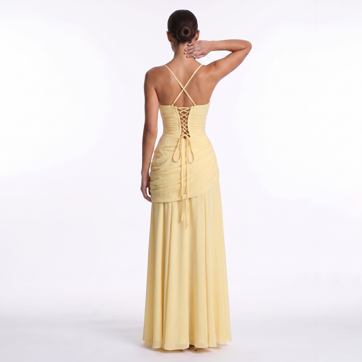 Maeve Women's Occasion Dress – Chiffon Ruched Lace-Up Square-Neck Maxi Gown
