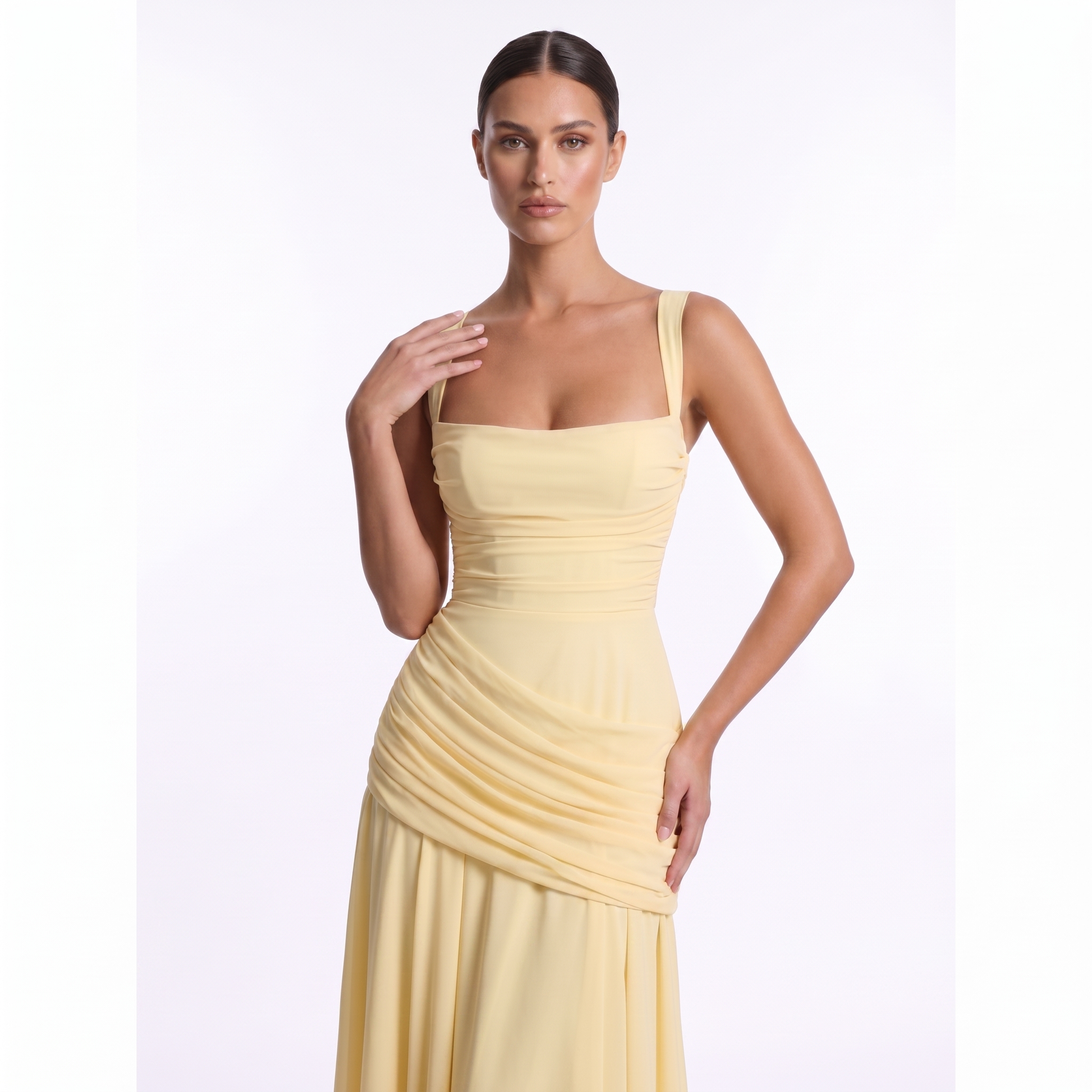 Maeve Women's Occasion Dress – Chiffon Ruched Lace-Up Square-Neck Maxi Gown