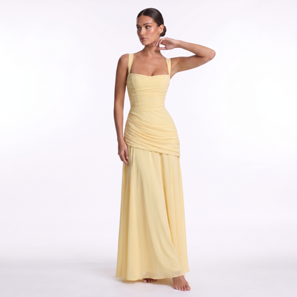 Maeve Women's Occasion Dress – Chiffon Ruched Lace-Up Square-Neck Maxi Gown