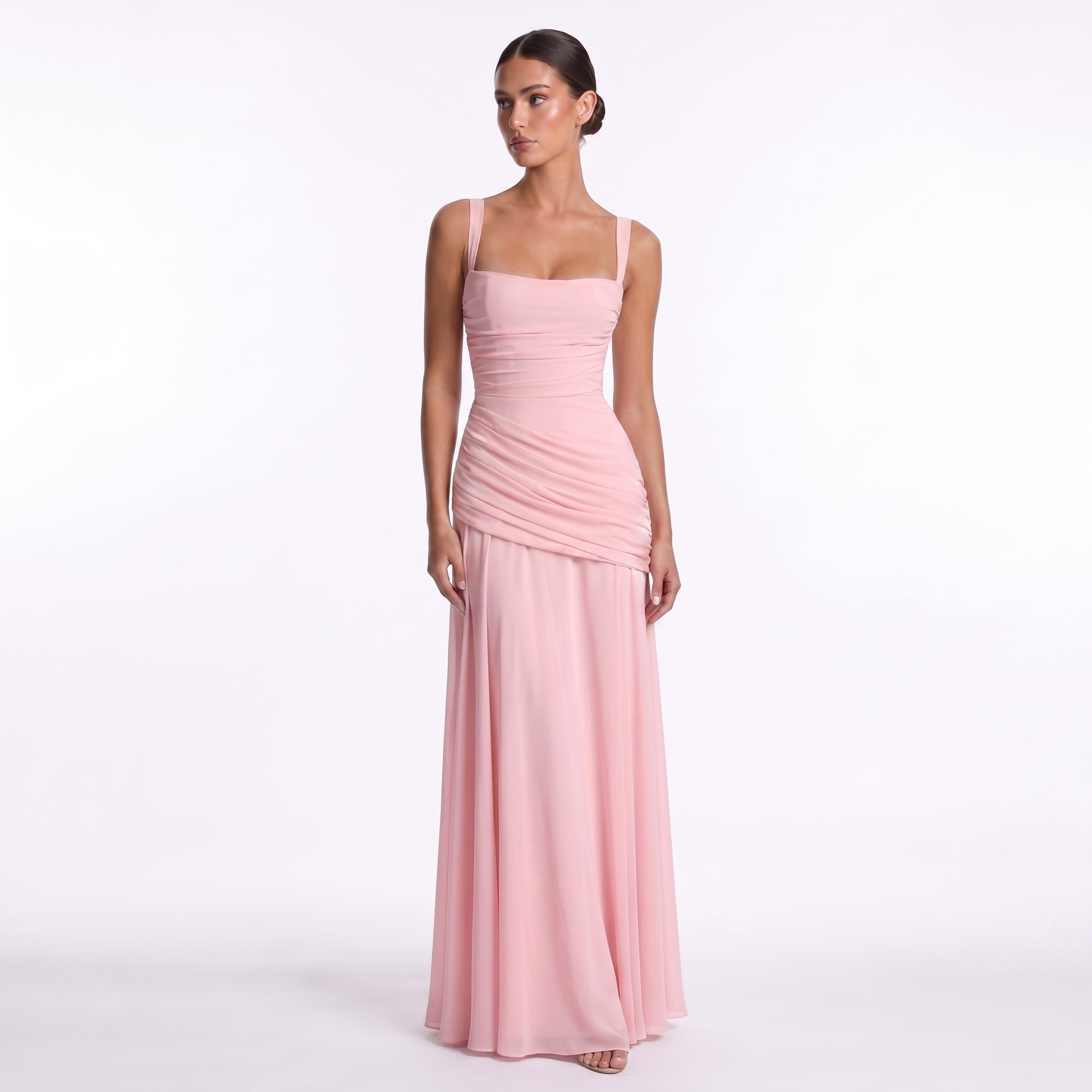 Maeve Women's Occasion Dress – Chiffon Ruched Lace-Up Square-Neck Maxi Gown
