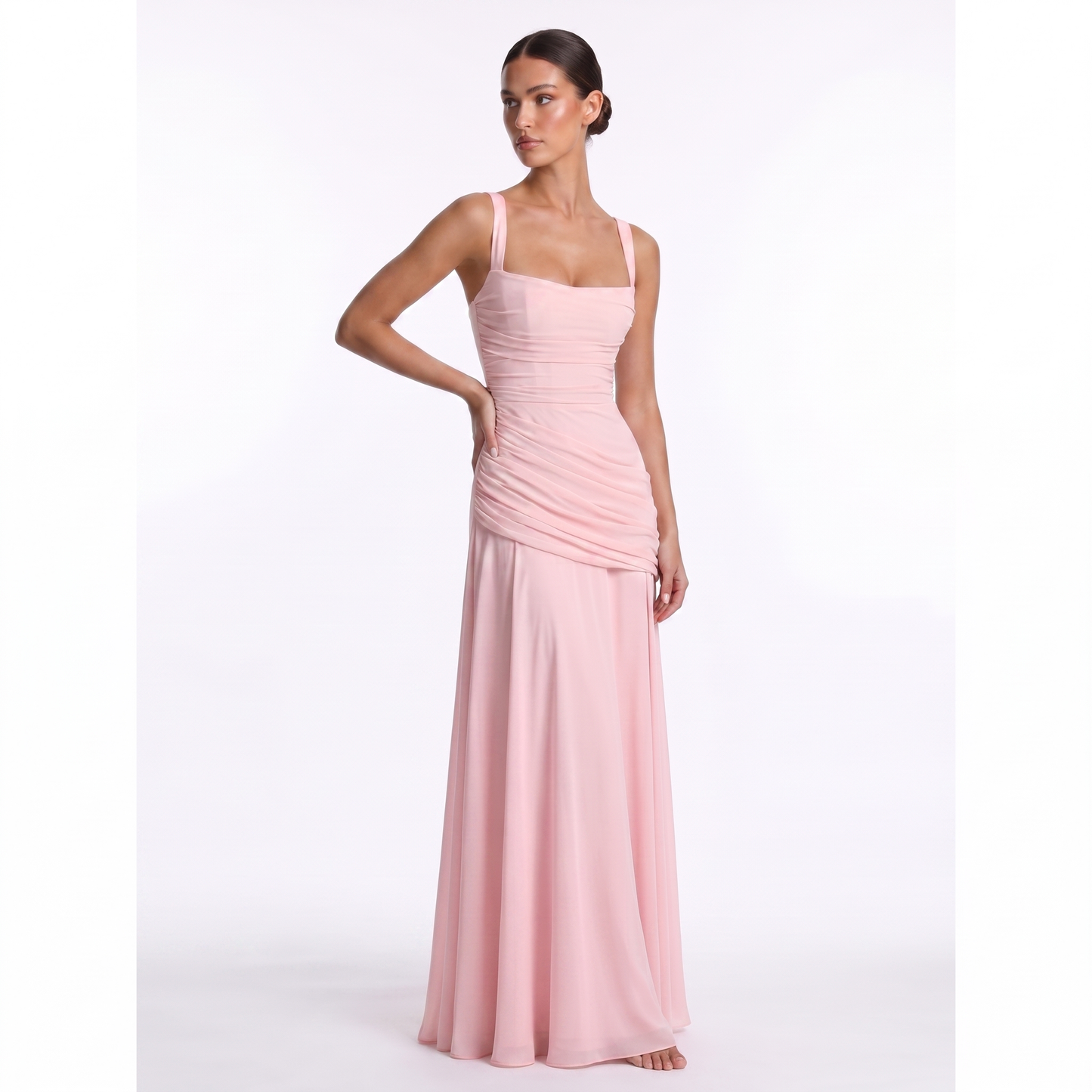 Maeve Women's Occasion Dress – Chiffon Ruched Lace-Up Square-Neck Maxi Gown
