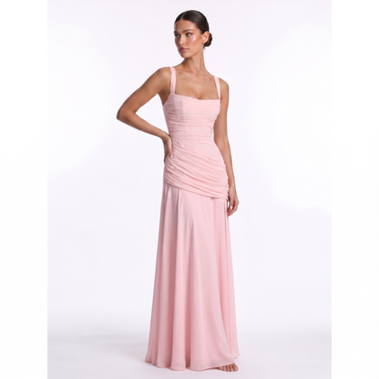 Maeve Women's Occasion Dress – Chiffon Ruched Lace-Up Square-Neck Maxi Gown