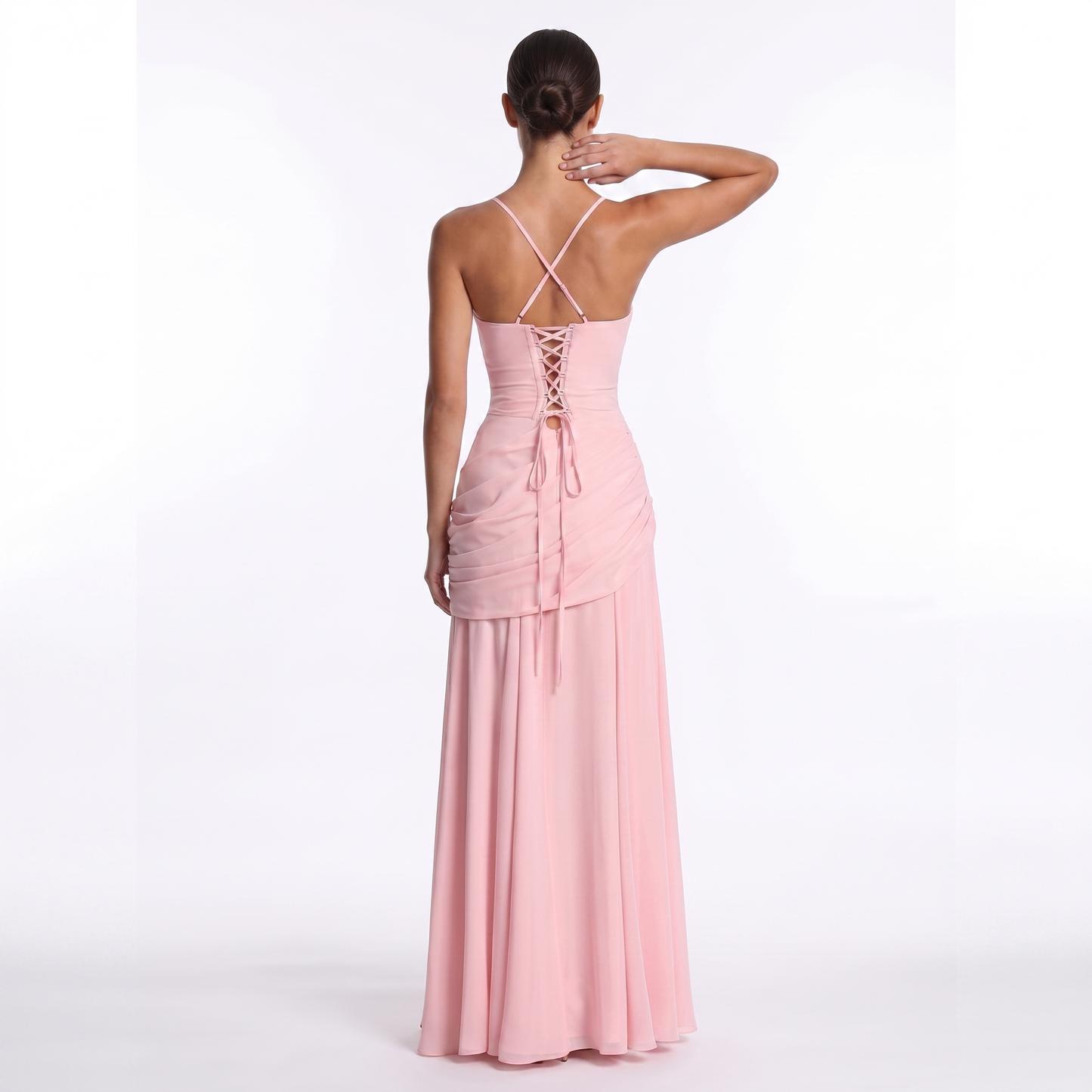 Maeve Women's Occasion Dress – Chiffon Ruched Lace-Up Square-Neck Maxi Gown