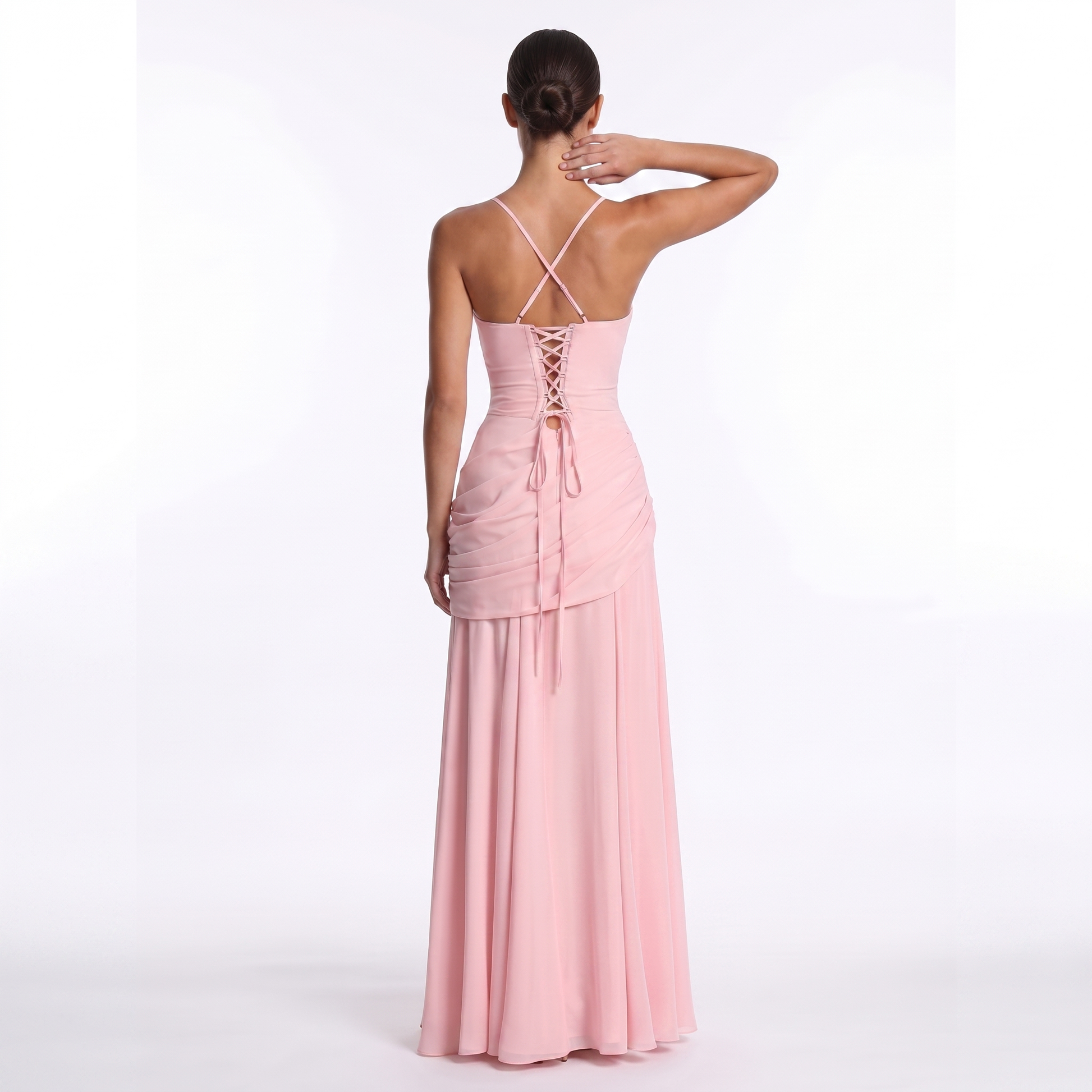Maeve Women's Occasion Dress – Chiffon Ruched Lace-Up Square-Neck Maxi Gown