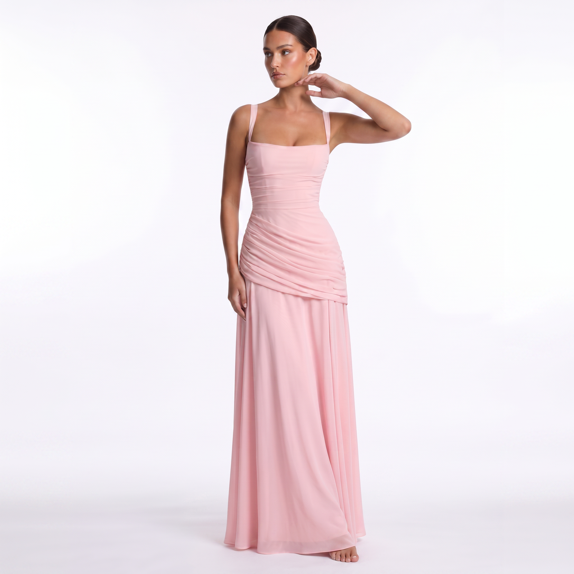 Maeve Women's Occasion Dress – Chiffon Ruched Lace-Up Square-Neck Maxi Gown