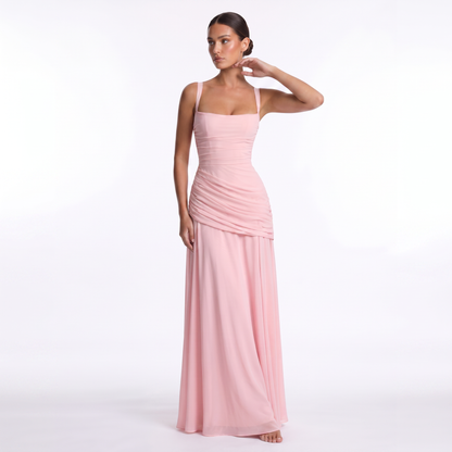 Maeve Women's Occasion Dress – Chiffon Ruched Lace-Up Square-Neck Maxi Gown
