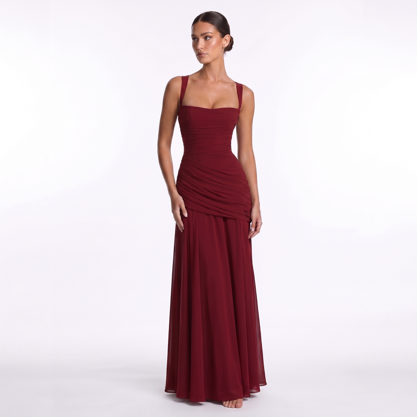 Maeve Women's Occasion Dress – Chiffon Ruched Lace-Up Square-Neck Maxi Gown