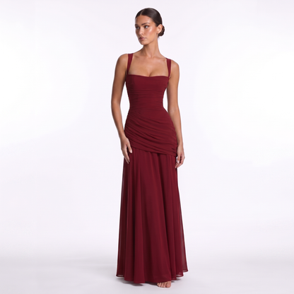 Maeve Women's Occasion Dress – Chiffon Ruched Lace-Up Square-Neck Maxi Gown