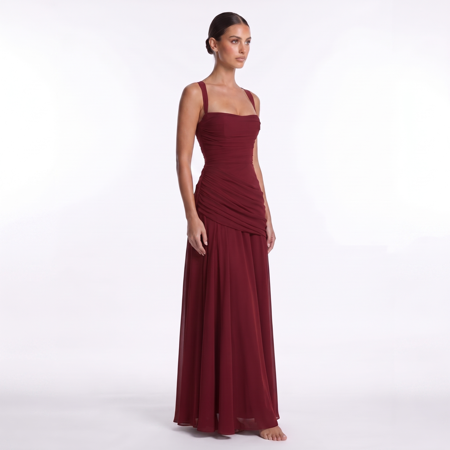 Maeve Women's Occasion Dress – Chiffon Ruched Lace-Up Square-Neck Maxi Gown