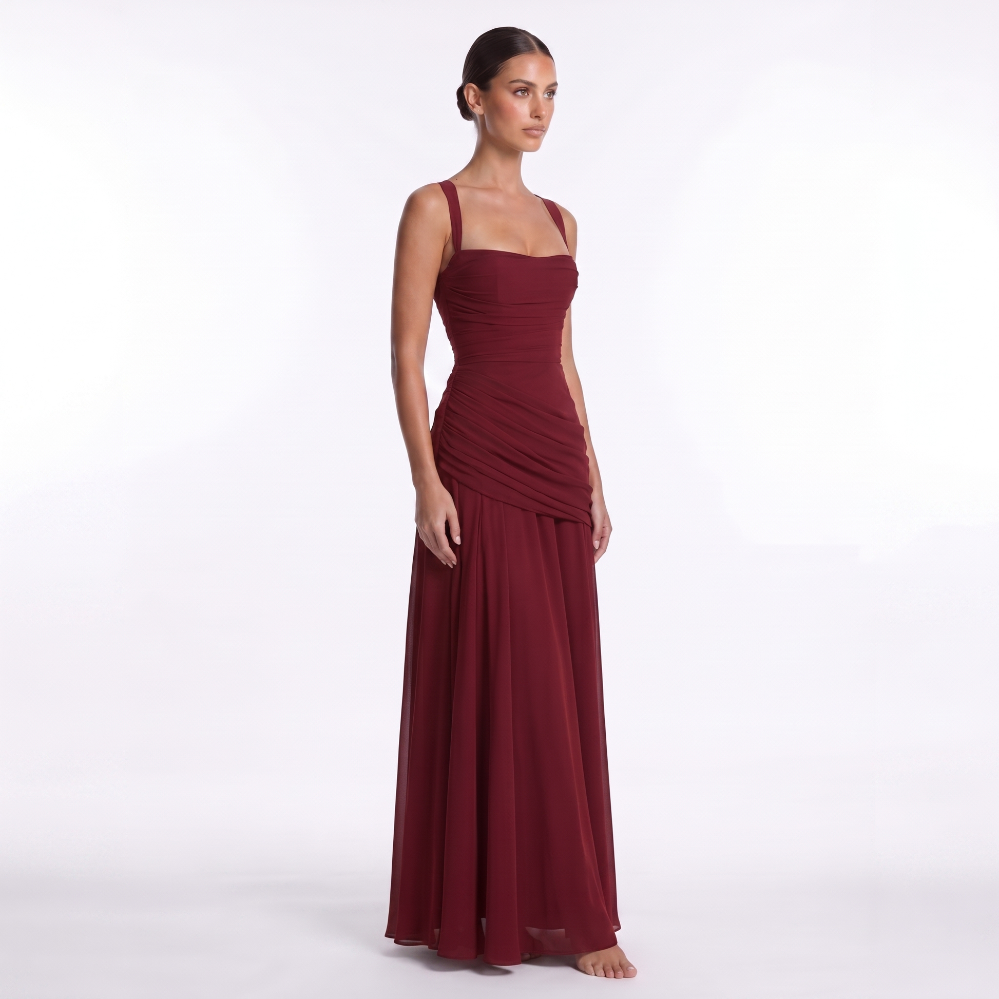 Maeve Women's Occasion Dress – Chiffon Ruched Lace-Up Square-Neck Maxi Gown