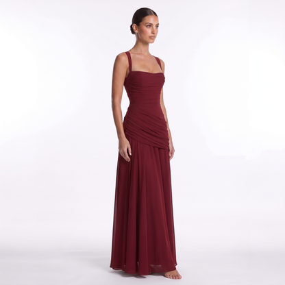 Maeve Women's Occasion Dress – Chiffon Ruched Lace-Up Square-Neck Maxi Gown