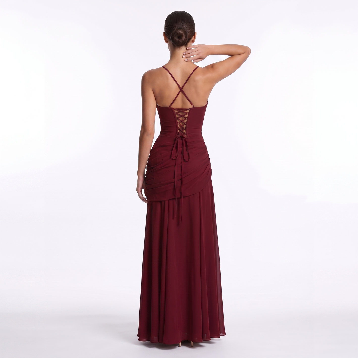 Maeve Women's Occasion Dress – Chiffon Ruched Lace-Up Square-Neck Maxi Gown