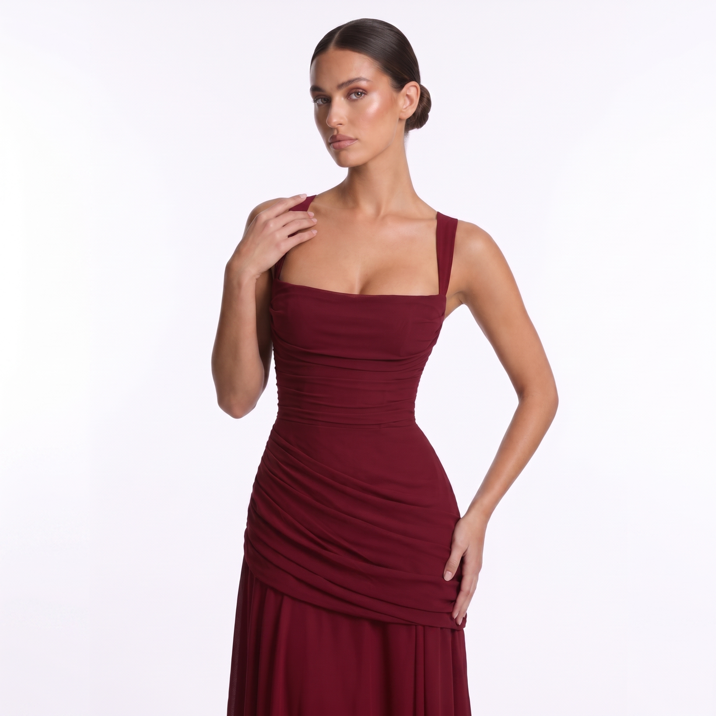 Maeve Women's Occasion Dress – Chiffon Ruched Lace-Up Square-Neck Maxi Gown