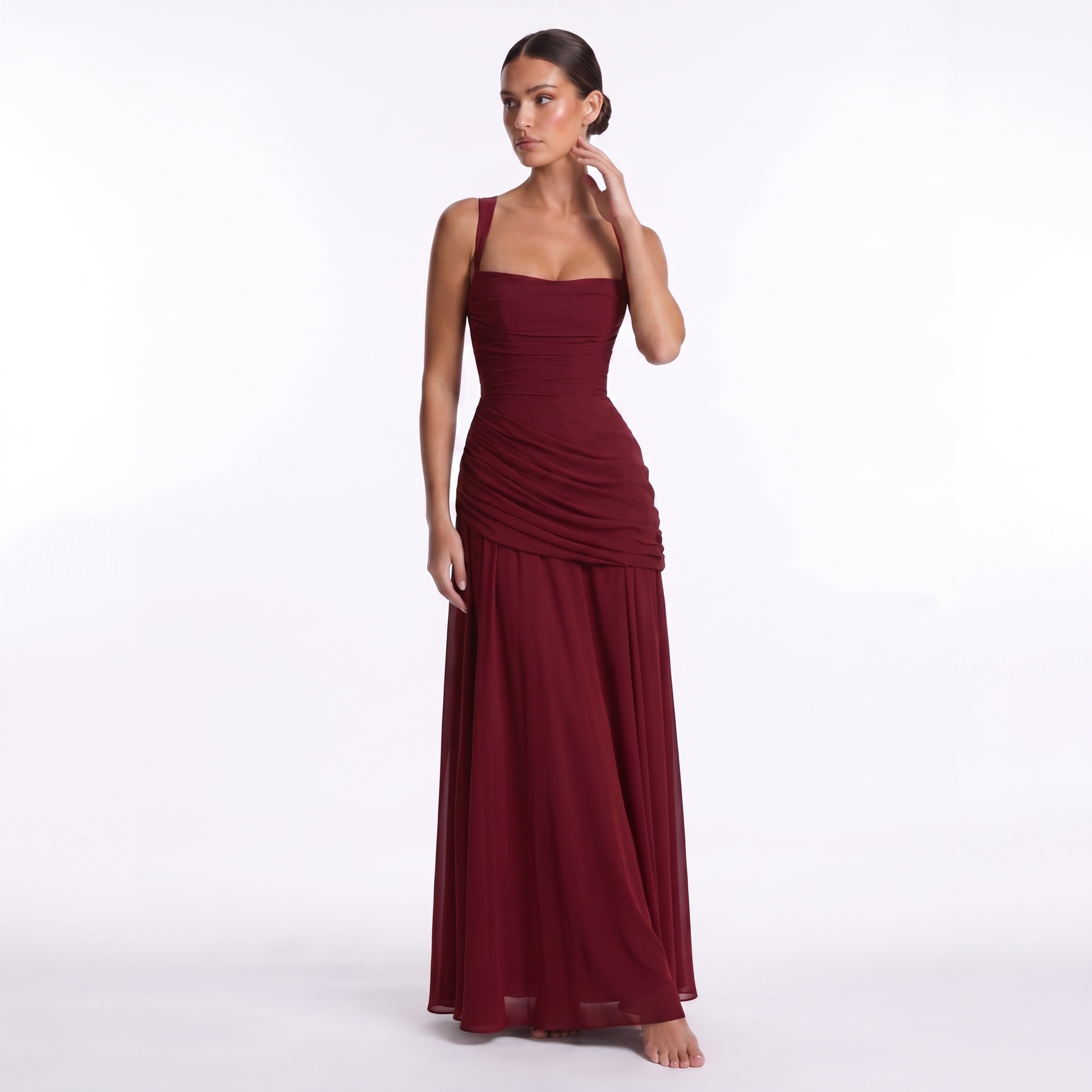 Maeve Women's Occasion Dress – Chiffon Ruched Lace-Up Square-Neck Maxi Gown