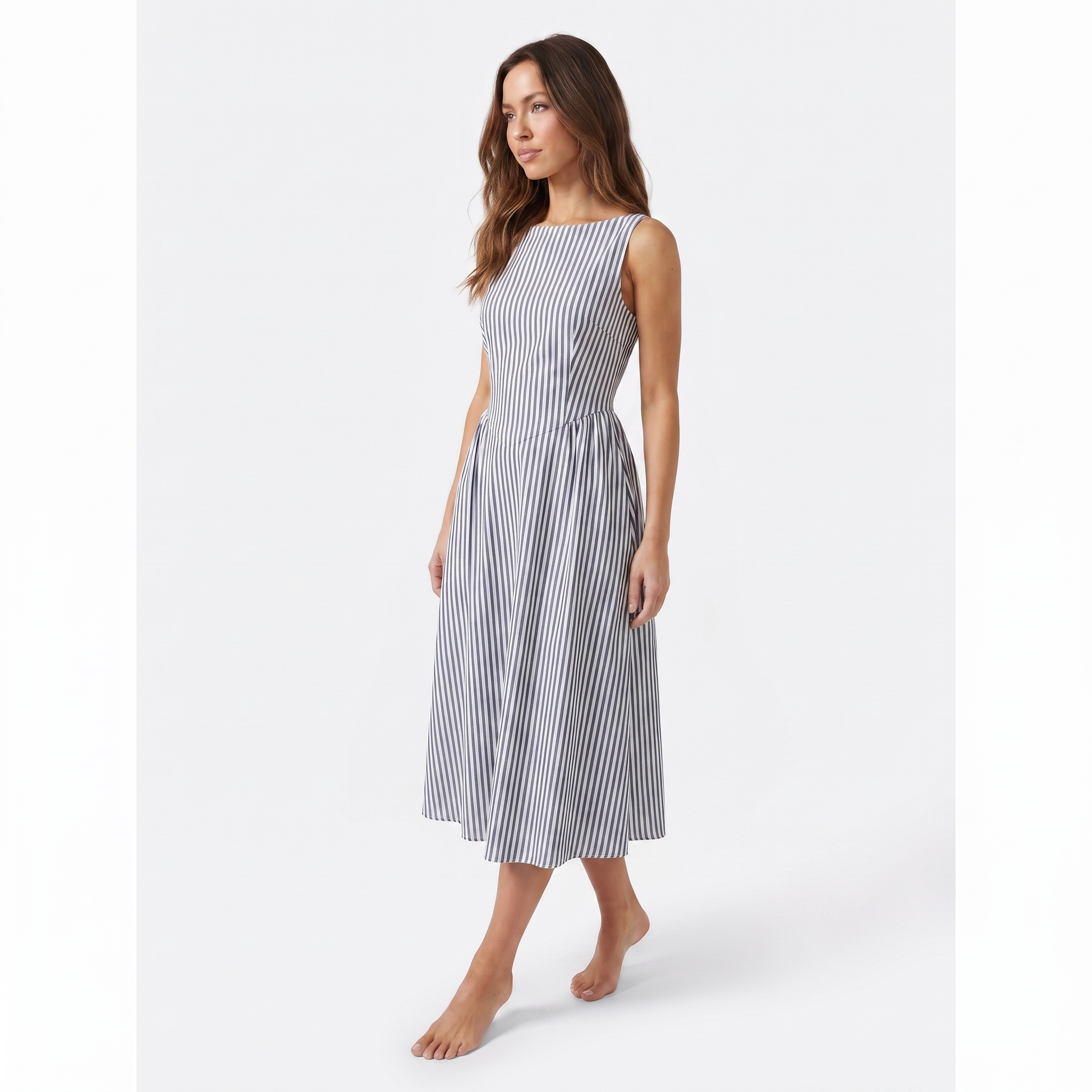 Maeve Women's Midi Dress – Striped Square-Neck Sleeveless A-Line with Pockets